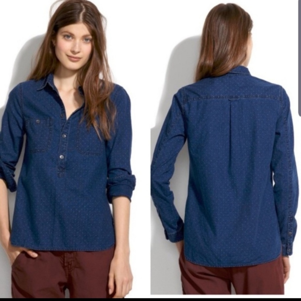 Madewell Chambray Polka Dot Denim Button Down
